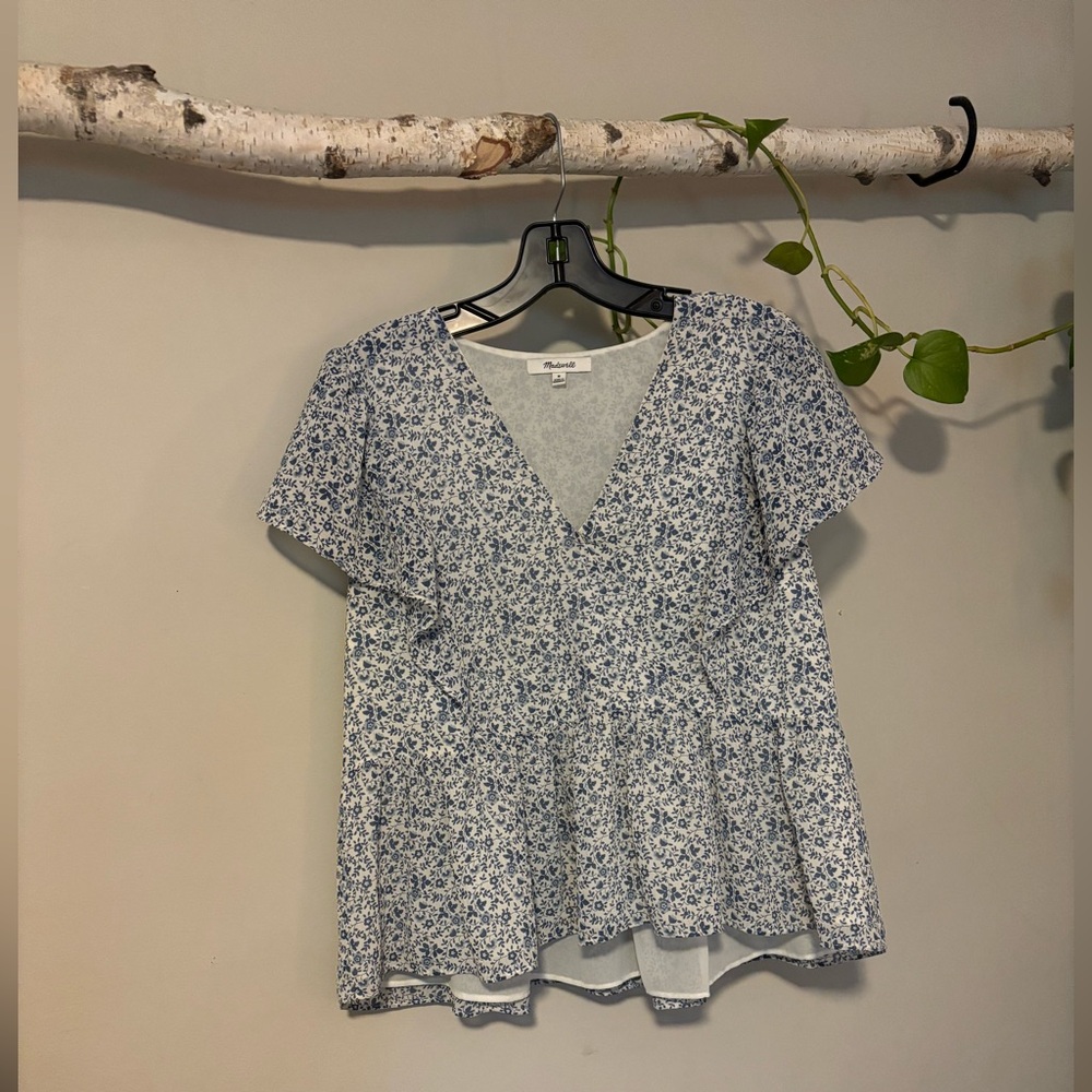 Madewell Blue and White Peplum Blouse